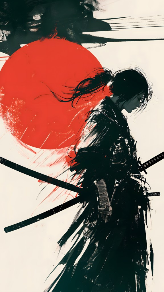 This captivating phone case features a powerful warrior wielding a sword, set against a striking red circle. With dramatic black and white contrasts and a touch of anime inspiration.