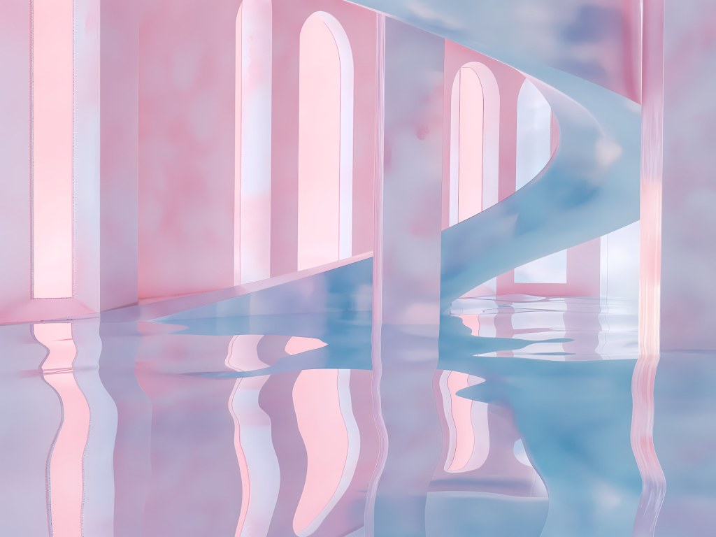 Elegant spiral staircase bathed in soft pink and blue light, leading upwards.